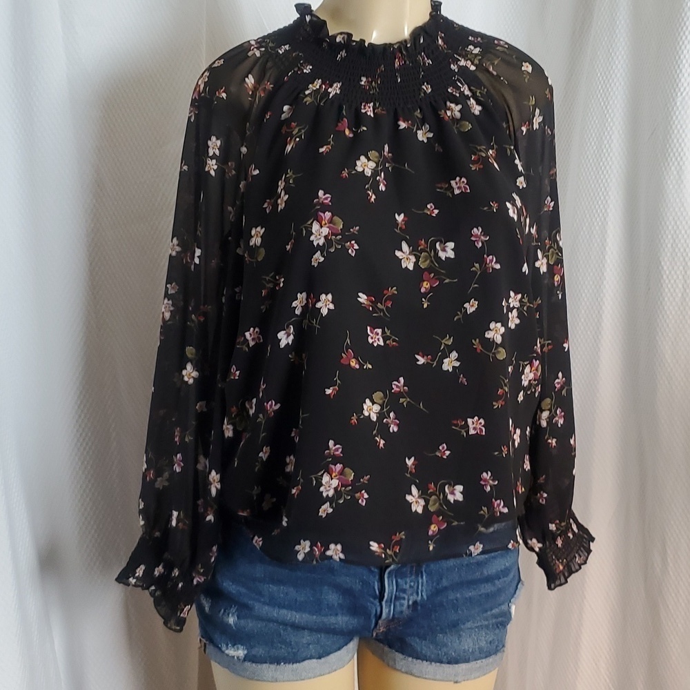 Madewell Long Sleeve Smocked Mock Neck Black Floral Blouse Size S